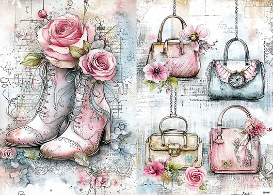 CN000691 papier ryżowy BUTY, TOREBKI I KWIATY